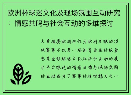 欧洲杯球迷文化及现场氛围互动研究：情感共鸣与社会互动的多维探讨