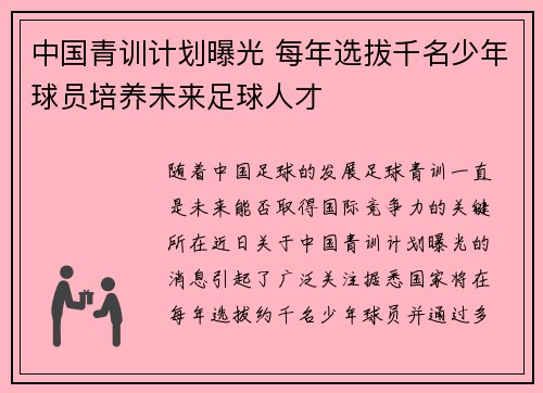 中国青训计划曝光 每年选拔千名少年球员培养未来足球人才