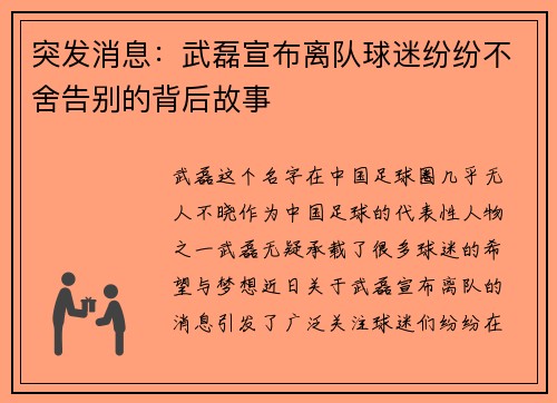 突发消息：武磊宣布离队球迷纷纷不舍告别的背后故事